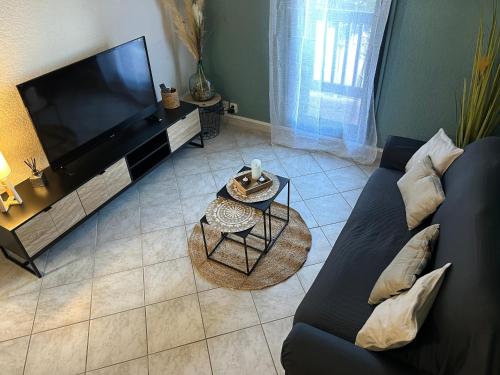 uma sala de estar com um sofá e uma televisão em la maison des sables 4 port leucate em Port Leucate