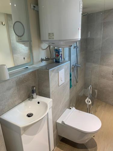 a bathroom with a white sink and a toilet at Tivat lovely cosy studio in Tivat
