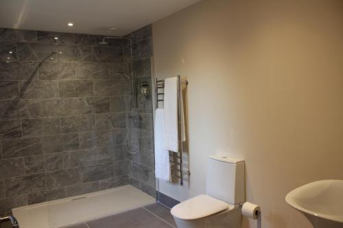 a bathroom with a shower and a toilet at The Kings Head Inn, Norwich - AA 5-Star rated in Norwich