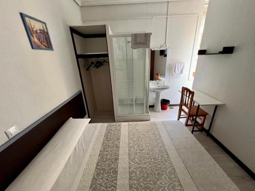 a room with a bed and a bathroom with a sink at Hostal Conde De Alba in Madrid