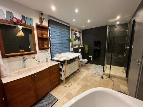 La salle de bains est pourvue d'une baignoire, d'un lavabo et d'une douche. dans l'établissement Villa Luna, 