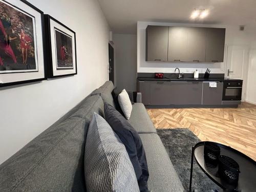 a living room with a gray couch and a kitchen at Apartamenty Leszka 2, self check in 24h in Poznań