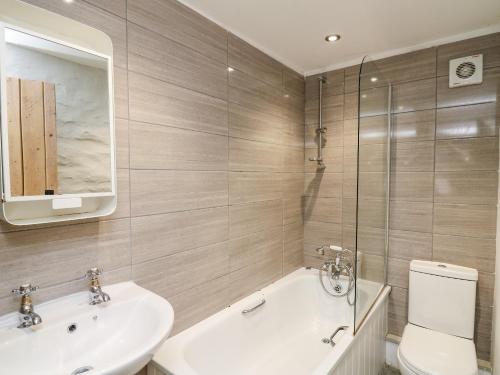 a bathroom with a sink and a toilet and a mirror at Lower Vestry in Llandysul