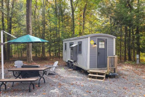 a gray tiny house with a picnic table and an umbrella at Camptel Poconos in Albrightsville