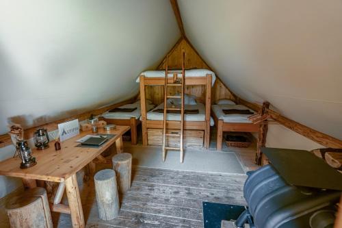 Cette chambre mansardée comprend 2 lits superposés. dans l'établissement Altipik - Lodges Insolites, à Mont-Saxonnex