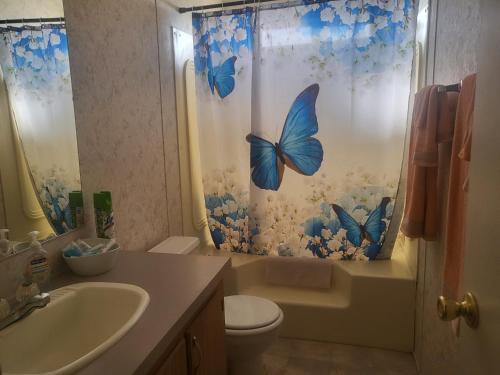 a bathroom with a toilet and a shower curtain with butterflies at A rest after a day in the Death Valley desert in Scranton