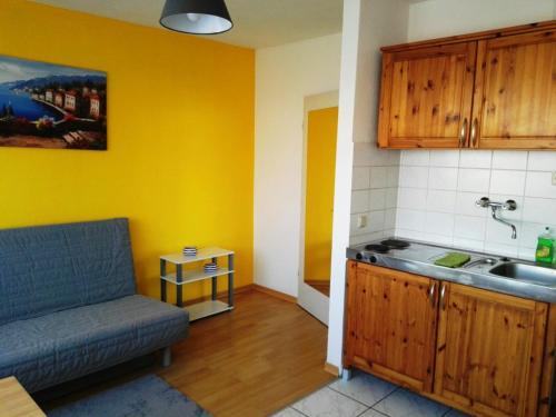 eine Küche mit einem Waschbecken und einem Sofa in einem Zimmer in der Unterkunft Big Apartments in Dortmund