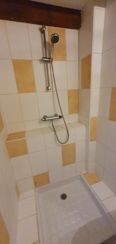 La salle de bains est pourvue d'une douche. dans l'établissement Charmante maison bien équipée, de bord de mer, à Royan