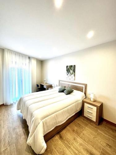 1 dormitorio con cama grande y ventana grande en Apartamento La Muralla 2D, en Aguilar de Campóo