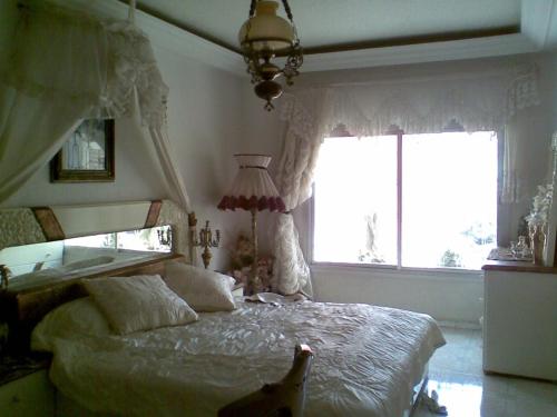 a bedroom with a bed with a cat standing next to it at Laraqui hossini in Fez