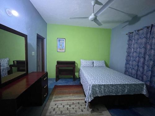 um quarto com uma cama, uma cómoda e um espelho em SerenitHe em Negril