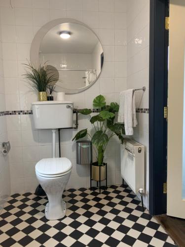 a bathroom with a toilet and a mirror and a checkered floor at Isserkelly House in Clonbur