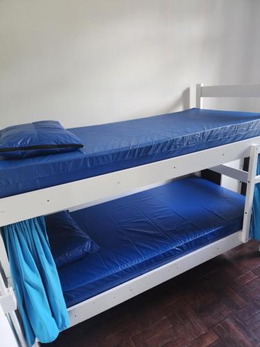 a bunk bed with blue pillows on it at Hostel Lumaria 1 in Blumenau