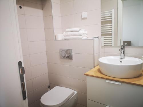a white bathroom with a sink and a toilet at FilinHome Papa Suite 2 in Novi Sad