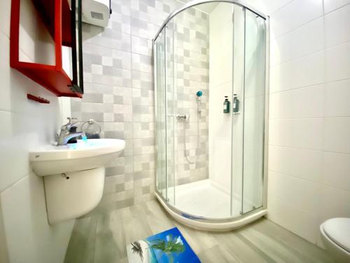uma casa de banho com um chuveiro e um lavatório. em Central- Private En-Suite with Balcony in shared residence em Tal-Pietà