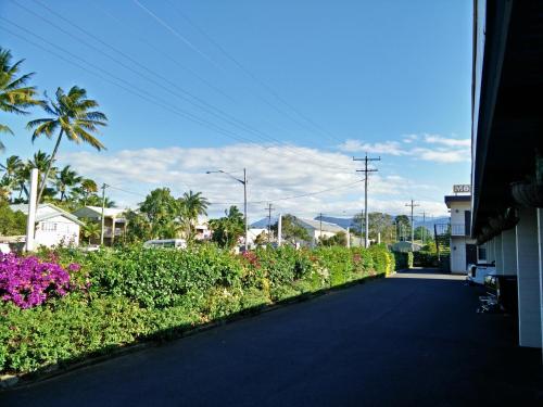 a street with a row of bushes and flowers at Cairns Motor Inn in Cairns