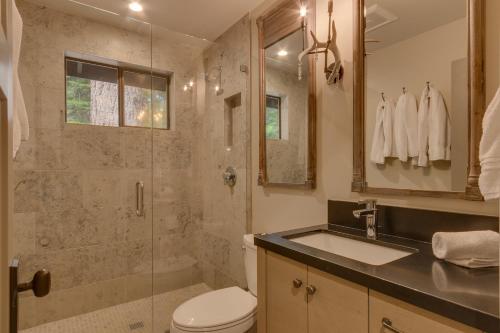 une salle de bain avec une douche, des toilettes et un lavabo dans l'établissement Antler House- Quiet, Charming Cabin w Cozy Fireplace, Close to Skiing, à Tahoe City