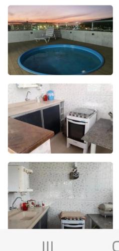 duas fotografias de uma cozinha com um lavatório e uma banheira em Condominio tarre Junior em Cabo Frio