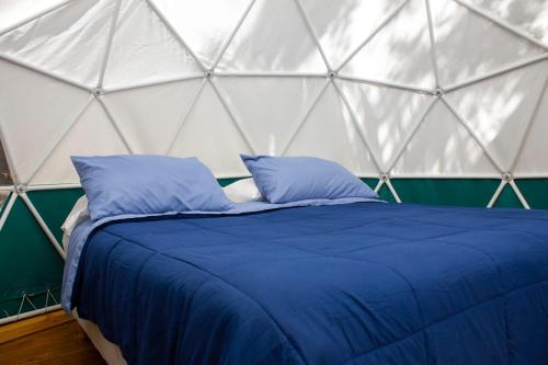 1 cama en una yurta con almohadas azules en Domos El Aura - Parque Nacional Los Alerces en Lago Futalaufquen