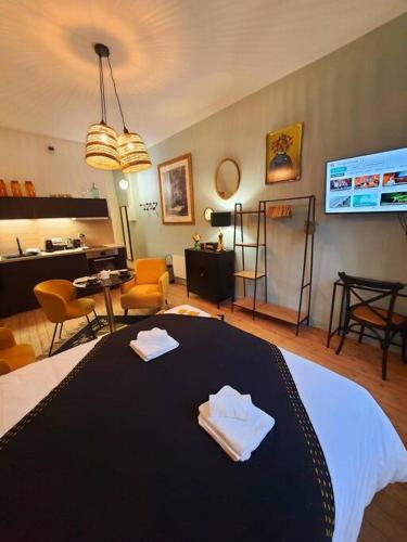 une chambre avec un lit avec deux serviettes dessus dans l'établissement Studio Basilique St Martin, à Tours