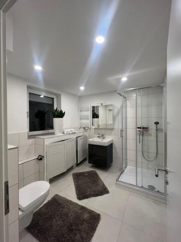 a bathroom with a shower and a toilet and a sink at Kiefern Apartments in Hannover