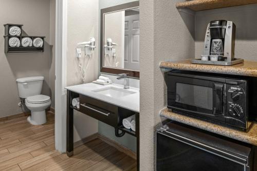 a bathroom with a sink and a microwave at Yosemite Westgate Lodge in Groveland