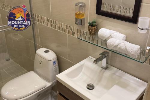 a bathroom with a white toilet and a sink at Mountain Top Park Hotel in Quepos