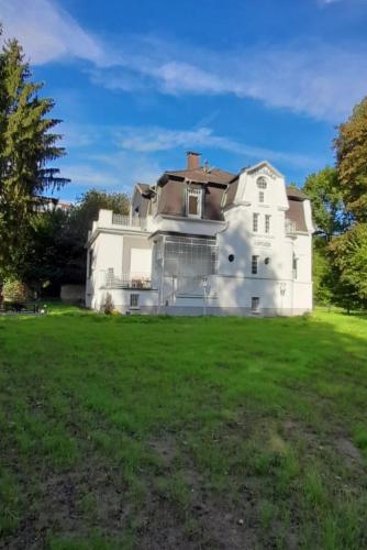 a large white house sitting on a lush green field at Kurpension Parkfrieden in Bad Pyrmont