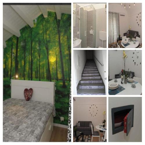 a collage of pictures of a bedroom with a forest mural at Casa vacanze Ecce Homo in Ragusa