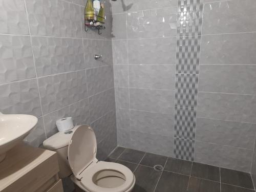 a bathroom with a shower with a toilet and a sink at comfortable accommodation in Villa del Rosario