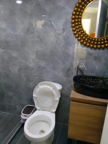een badkamer met een toilet, een spiegel en een wastafel bij la palomera in Gaira