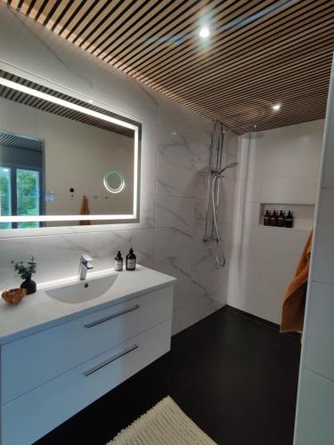 W łazience znajduje się umywalka i lustro. w obiekcie Unique villa by the lake w mieście Lahti