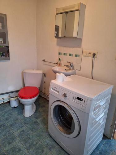 une salle de bain avec machine à laver et toilettes dans l'établissement Maison en pierre proche mer, commerces et bus, à Pordic