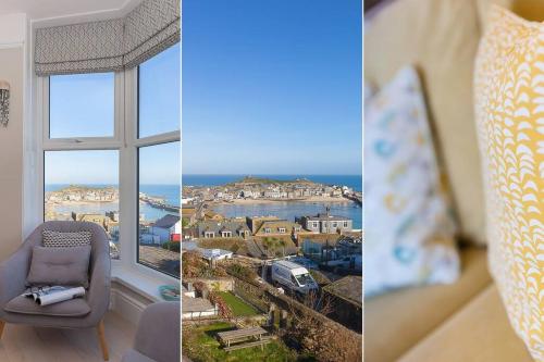 Habitación con ventana, sofá y silla en Sea Salt sea views parking en St Ives