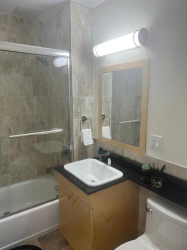 a bathroom with a sink and a toilet and a mirror at Lore&ken shared apartment in Long Island City