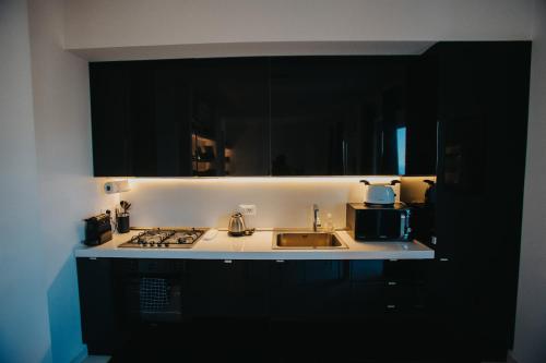 a kitchen with black cabinets and a sink and a stove at Principato di Baragallo - Free Private Parking in Sanremo