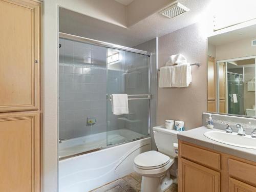 a bathroom with a shower and a toilet and a sink at Incredible Lake Tahoe Views 2 Master Suites and a Loft in Incline Village