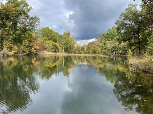 a river with trees reflecting in the water at Secluded Treehouse in the Woods - Tree Hugger Hideaway in Branson