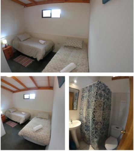 two pictures of a room with two beds and a bathroom at Hostal El Aji Rojo in Caldera