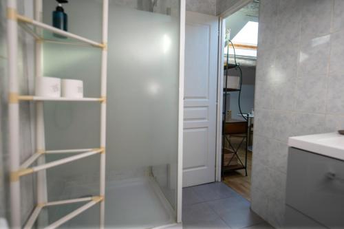 La salle de bains est pourvue d'un lavabo et d'une porte de douche en verre. dans l'établissement 