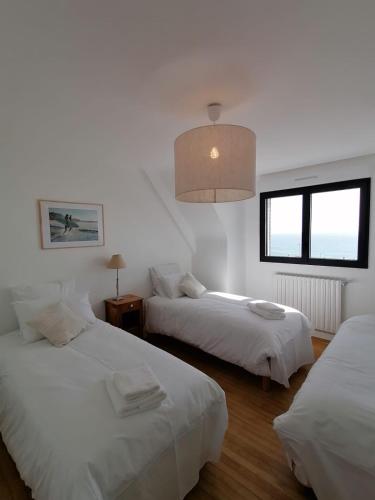 - une chambre avec 2 lits et une lampe pendant dans l'établissement Magnifique maison-Vue mer exceptionnelle., à Audierne