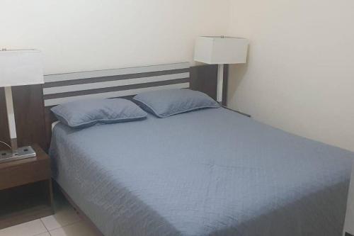 a bedroom with a bed with two blue pillows at Refugio Urbano, Res. Uvas Sur in Tegucigalpa