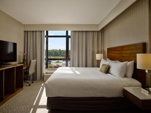 ポートペリーにあるGreat Blue Heron Hotelの大型ベッドとテレビが備わるホテルルームです。