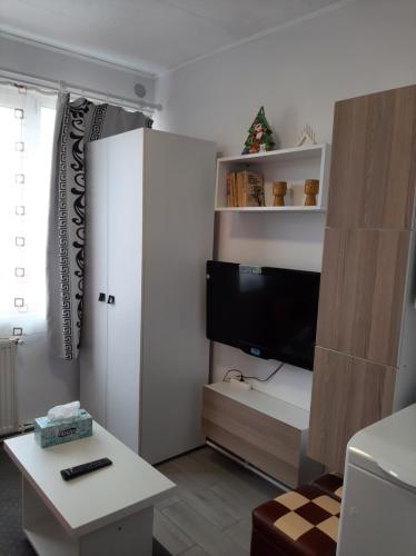a living room with a tv and a white cabinet at Arti Studio in Braşov