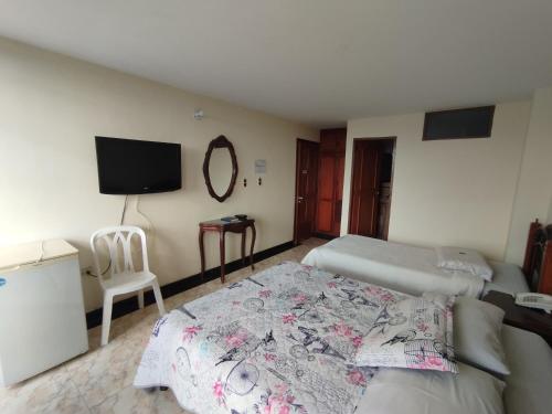 a bedroom with two beds and a mirror and a tv at GRAN EMPERADOR in Fusagasuga