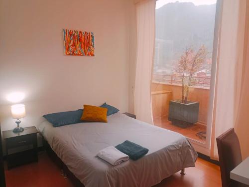 een bed in een kamer met een groot raam bij Habitaciones Centro Histórico, ed, continental in Bogota