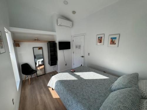 a bedroom with a bed and a couch and a television at Cartagena Room in Seattle