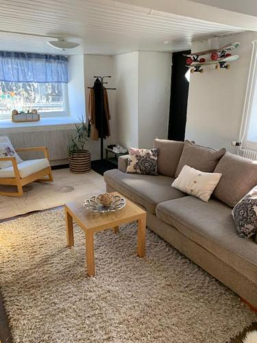a living room with a couch and a coffee table at Independent apartment in Borås in Borås