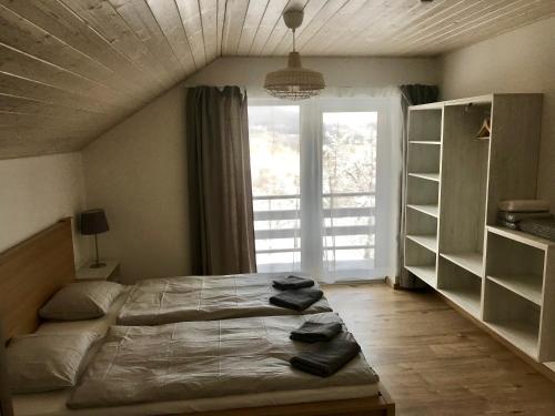 - une chambre avec un lit et une grande fenêtre dans l'établissement Tri Lipy, à Vítkovice