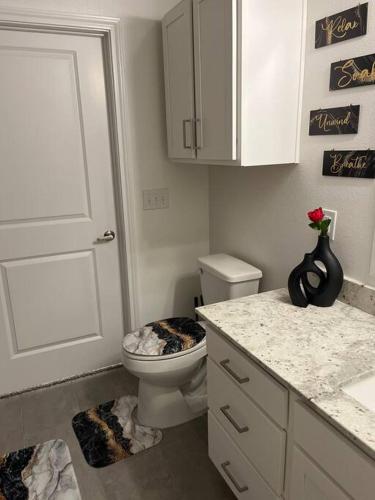 a white bathroom with a toilet and a sink at Midtown Getaway in Houston